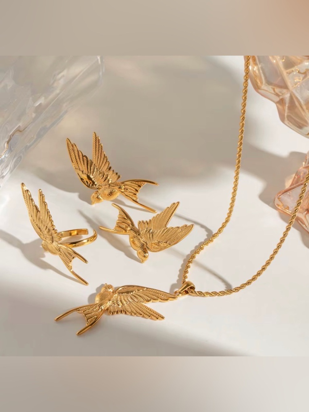 Bird Set Jewelry Gold Bird Pendant Necklace and Stud Earrings Set Dove Necklace - Picture 6 of 9